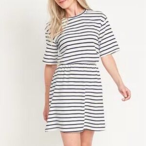 Old Navy Striped Short Sleeve Mini T-Shirt Dress Cinched Waist White Blue Medium
